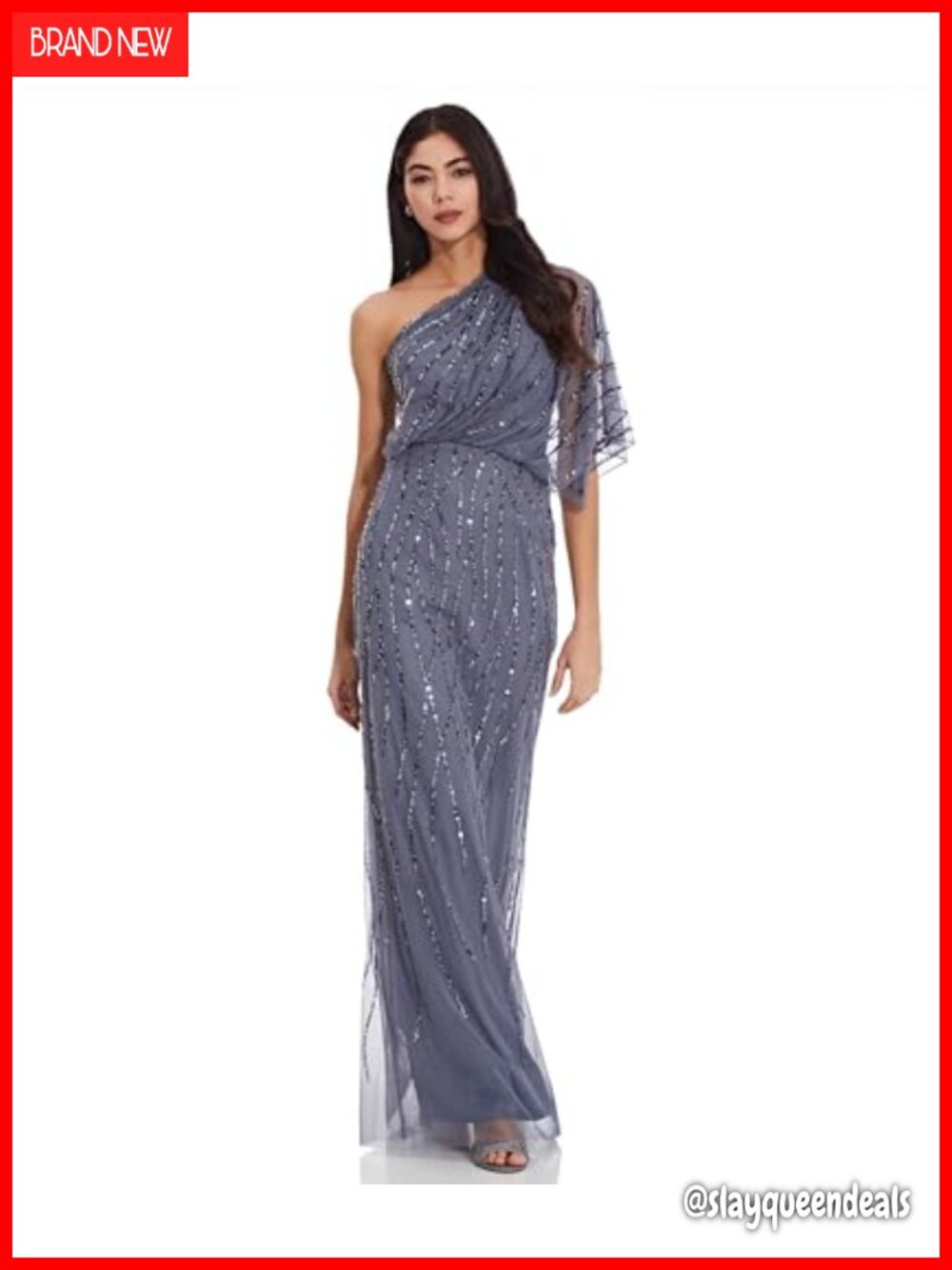One Shoulder Sequin Beaded Formal Maxi Dress Flutter Sleeve